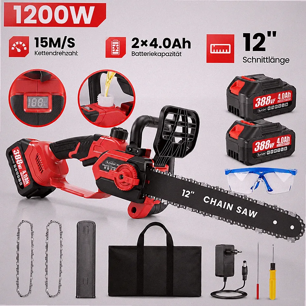 12 Zoll Akku Kettensäge 1200W Einhandsäge Baumsäge Astkettensäge mit 2 Batterie