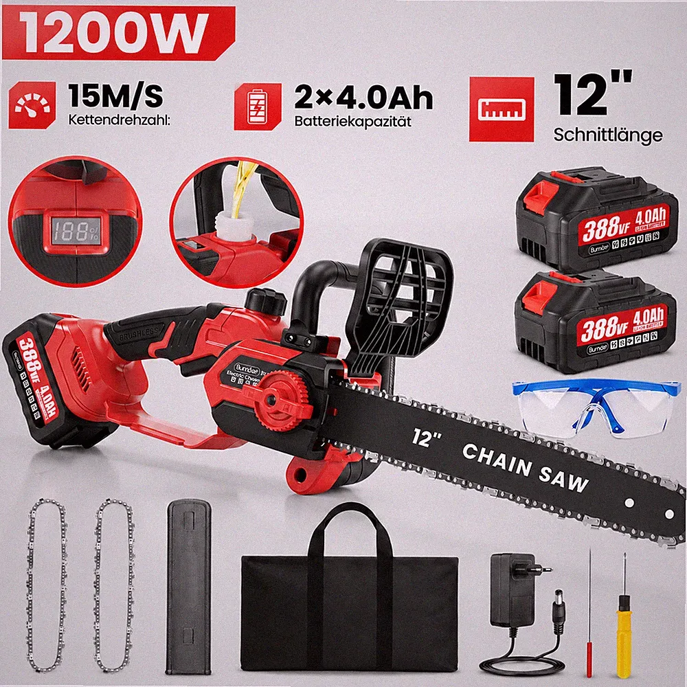 12 Zoll Akku Kettensäge 1200W Einhandsäge Baumsäge Astkettensäge mit 2 Batterie