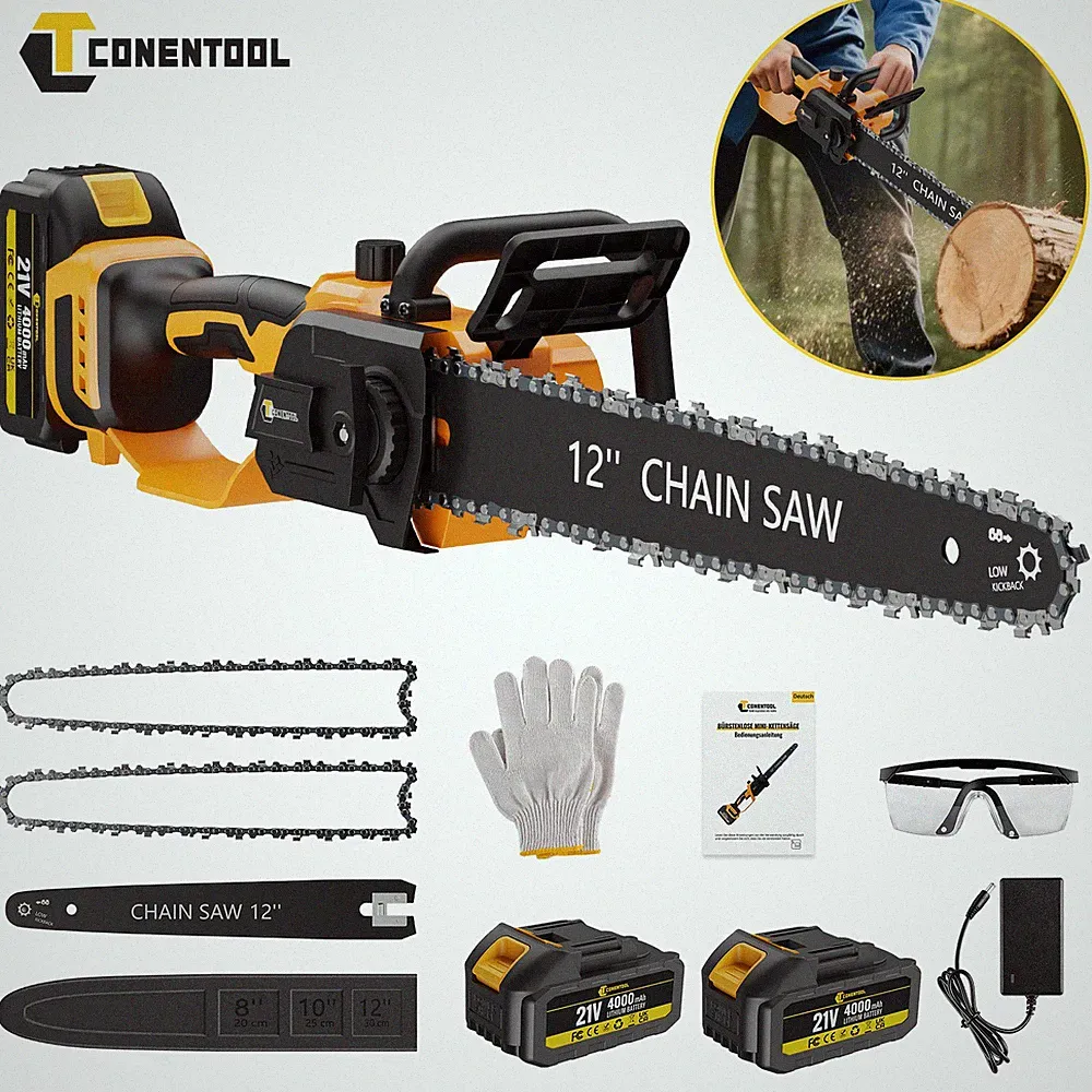 12 Zoll Akku Kettensäge 30,48 cm Elektrische Hand-Holzsäge mit 2 Akkus+Ladegerät