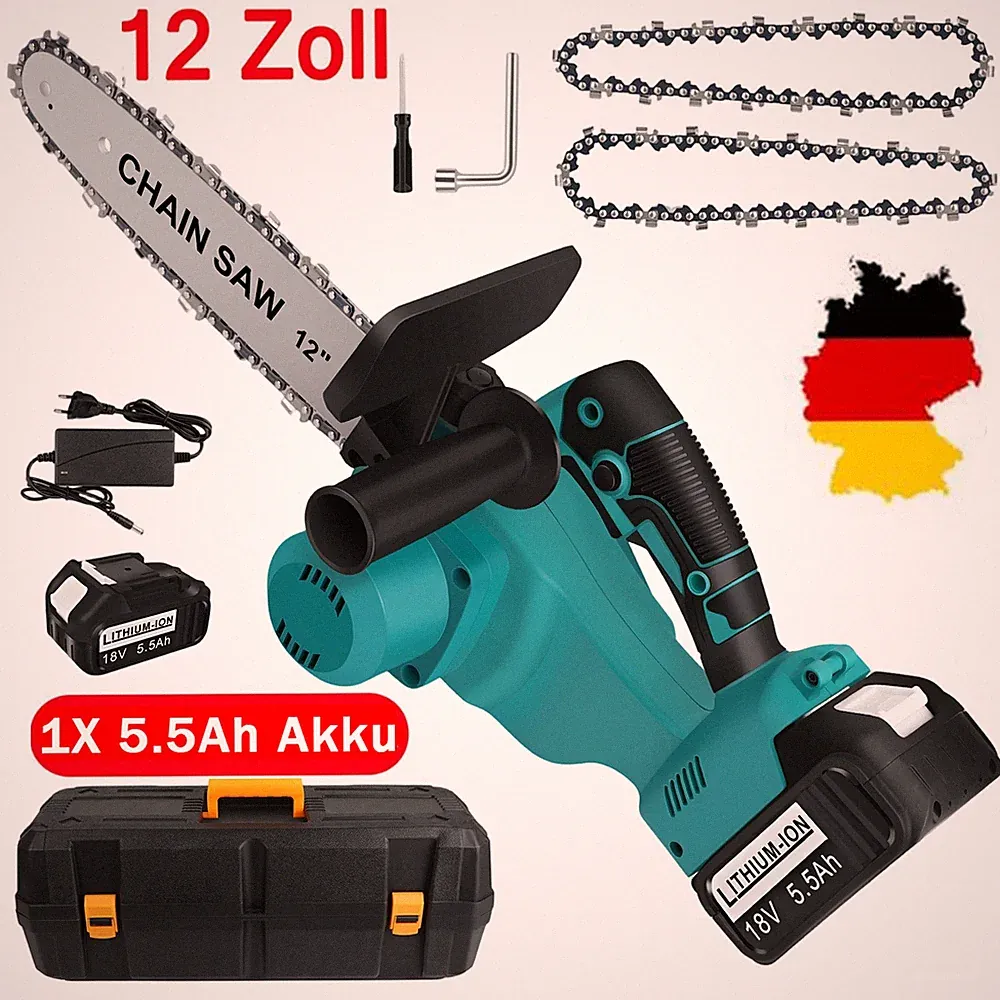 12 Zoll Elektro Kettensäge w/ 5.5Ah Akku Handkettensäge Baumsäge für Makita