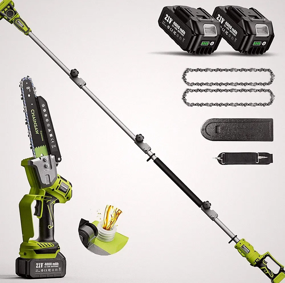 2-in-1 Akku Mini-Kettensäge 8Zoll Teleskop Baumsäge bis 4,8m 180° 2 Ersatzketten
