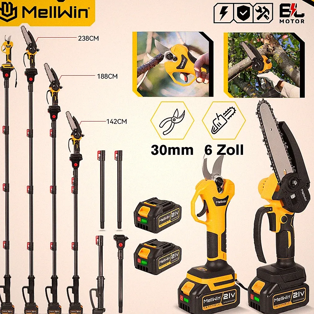 21V 4IN1 Akku Kettensäge Teleskop Hochentaster Gartenschere Astschere Mit 2 Akku