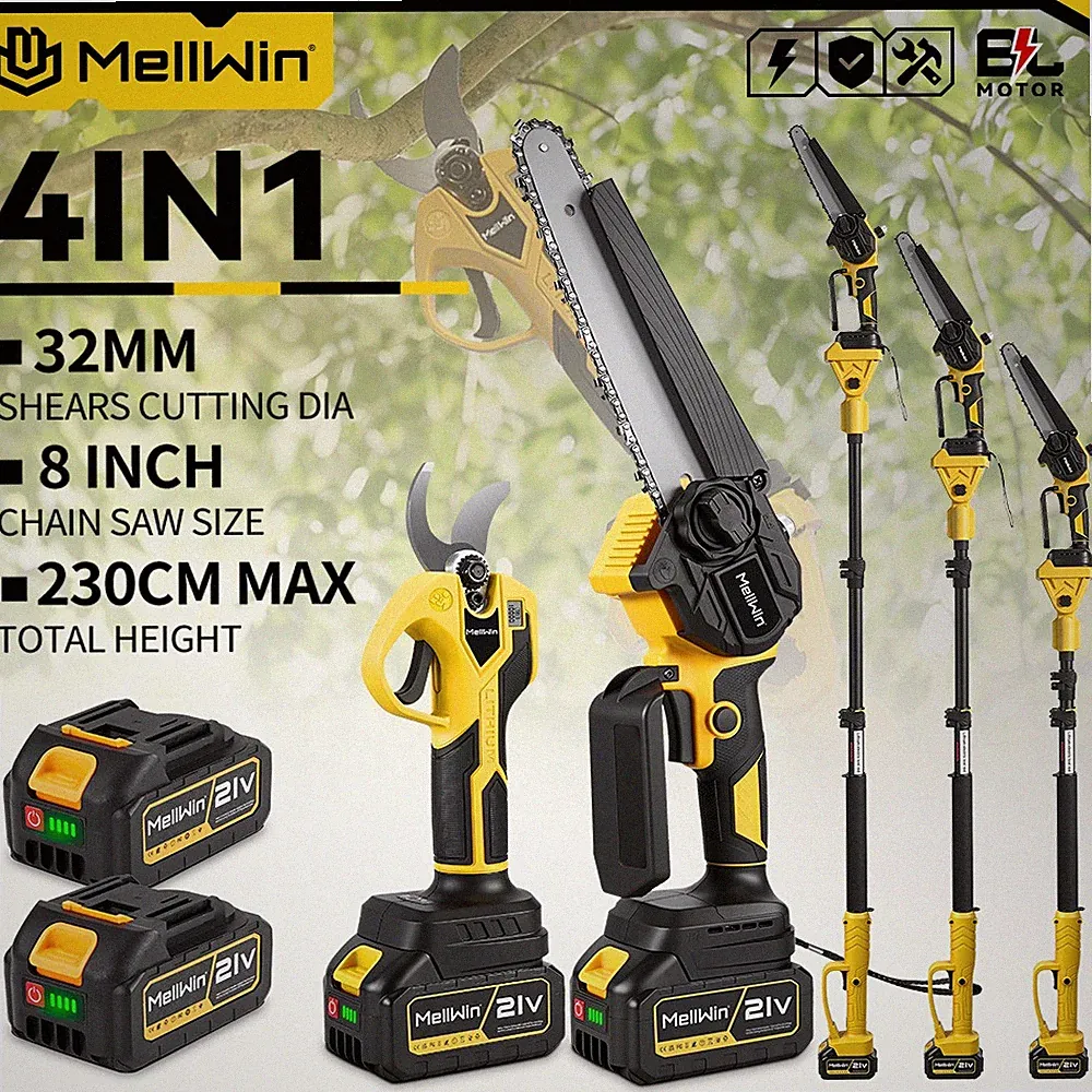 21V 4IN1 Akku Kettensäge Teleskop Hochentaster Gartenschere mit 0/2 Akkus