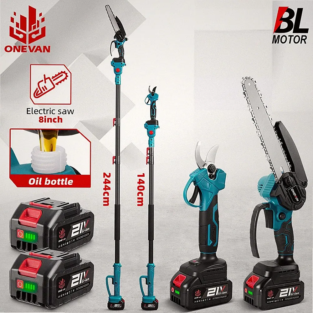 21V Akku Kettensäge Teleskop Hochentaster Gartenschere 4IN1 Mit Akkus/Ladegerät