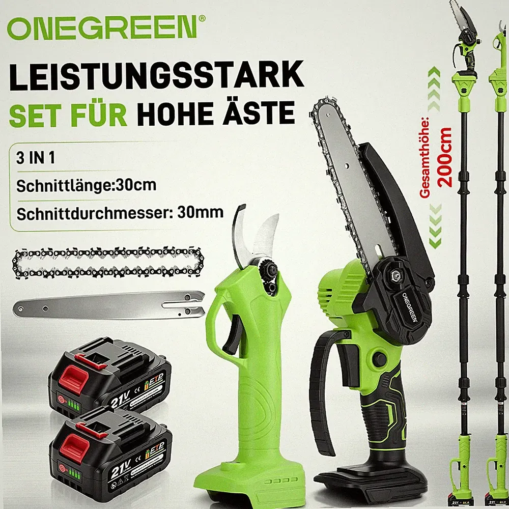21V Akku Kettensäge Teleskop Hochentaster Gartenschere Mit 2 Akkus & Ladegerät