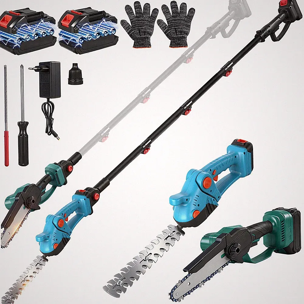 21V Akku Kettensäge Teleskop Hochentaster Gartenschere mit 2 Akkus und Ladegerät