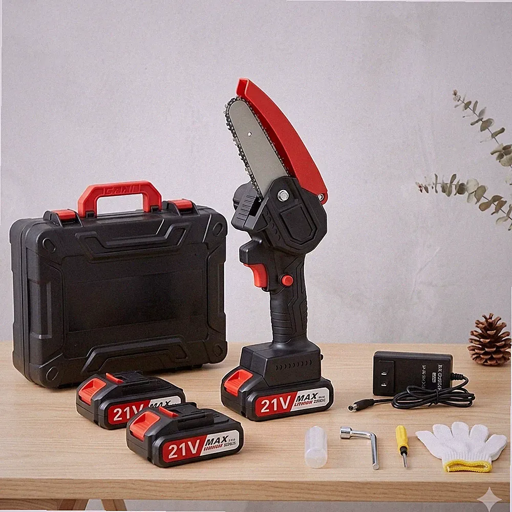 21V Akku Mini Kettensäge Elektrische Einhand Astsäge Motorsäge 4" mit 2 Batterie