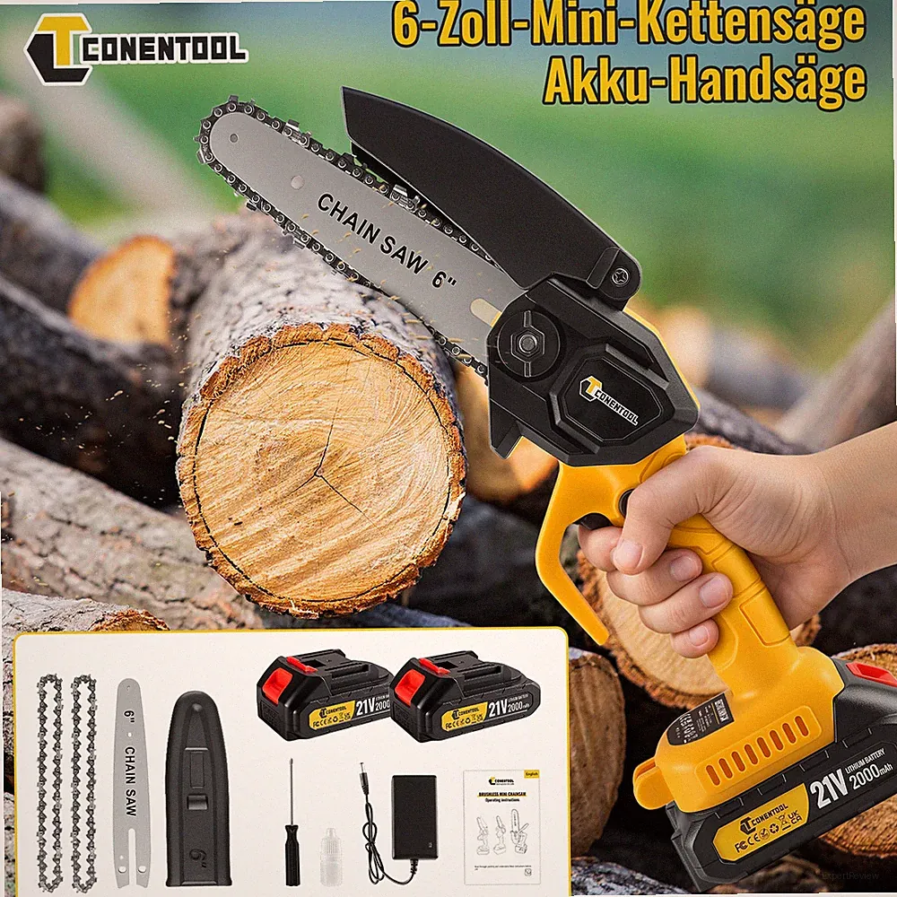 21V CONENTOOL Mini-Kettensäge, 6 Zoll, Leicht & Handlich, Mit Schutzblech 2Akkus