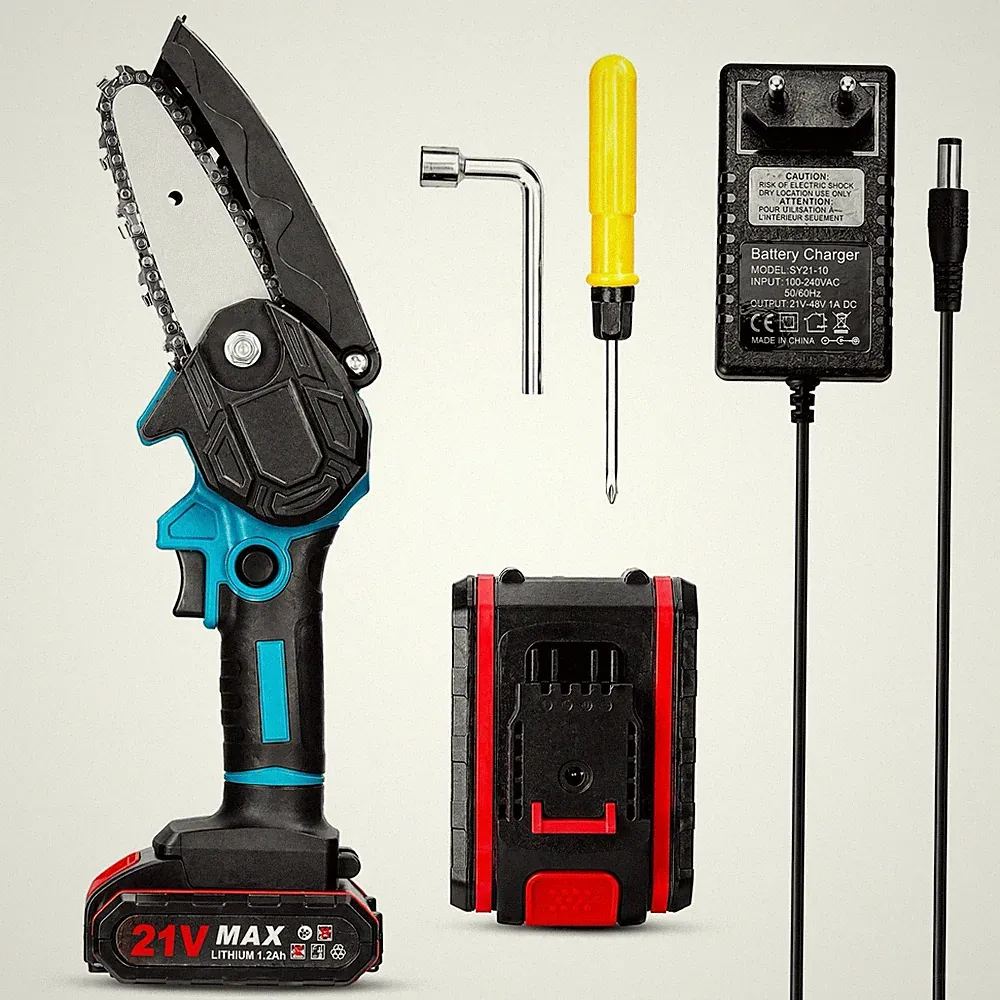 21V Mini Akku Kettensäge 6"Handkettensäge Einhand Astsäge Holzschneider + 2*Akku