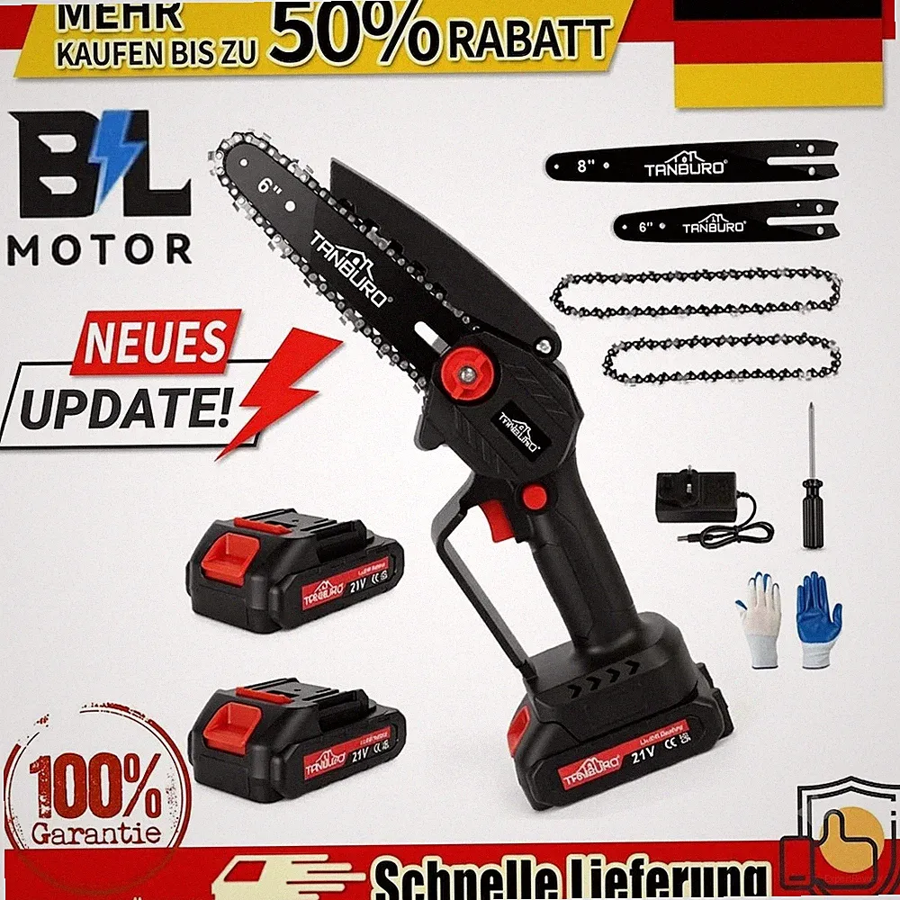 21V Mini Akku Kettensäge Set 6+8 Zoll Einhandsäge Astsäge mit 2 Akkus & Zubehör