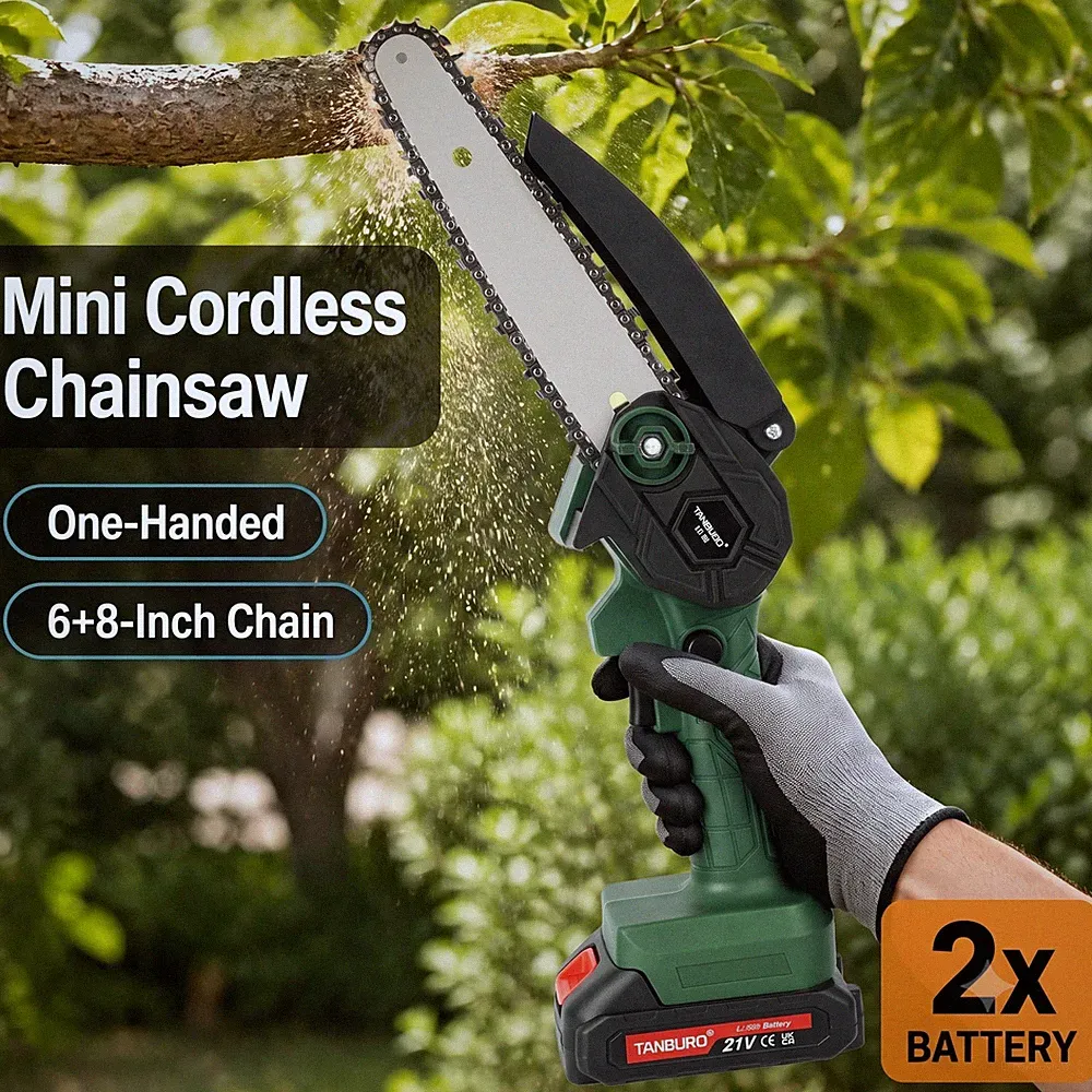 21V Mini Akku Kettensäge Set 6+8 Zoll Einhandsäge Astsäge mit 2 Akkus & Zubehör
