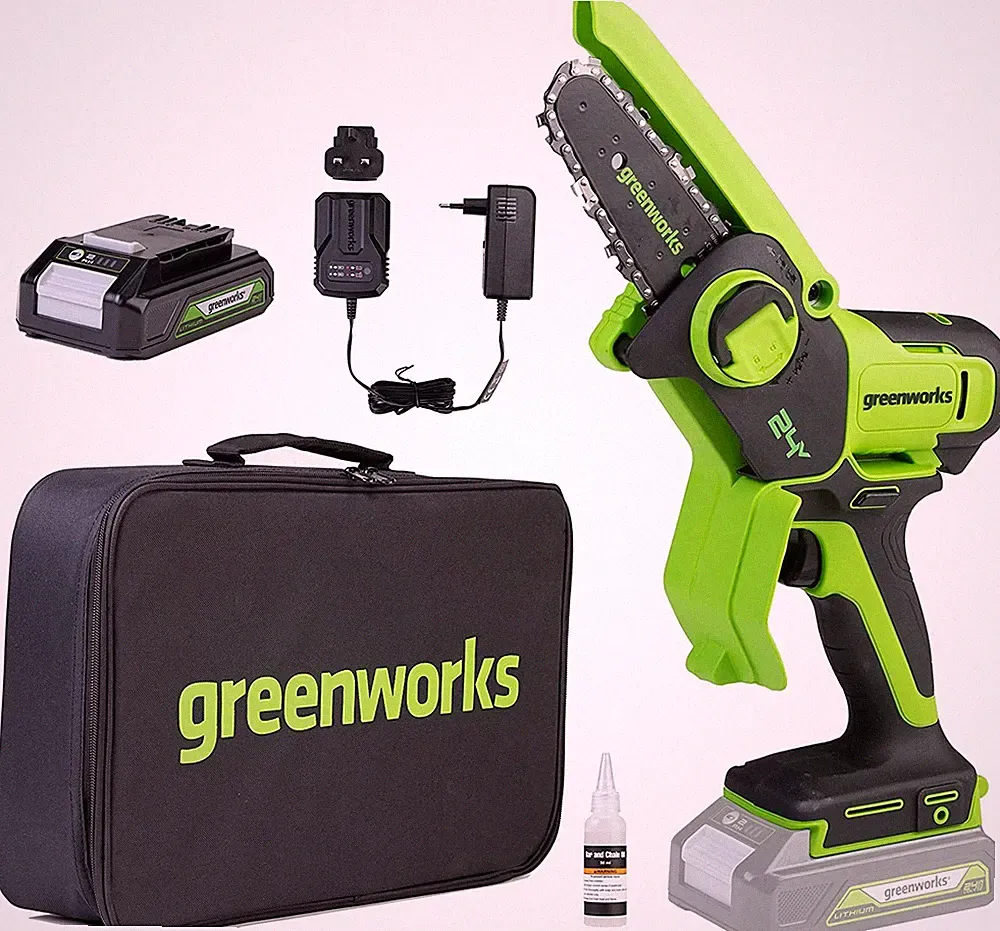24V Akku Mini Kettensäge 10cm Greenworks G24MCS10 mit 2Ah Batterie und Ladegerät