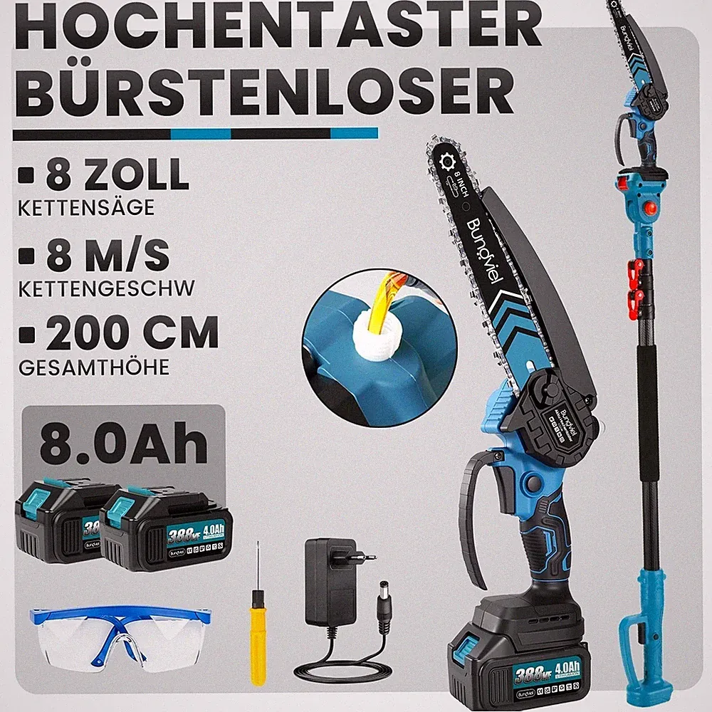 2IN1 Akku Hochentaster Astschere 8 zoll Akku Kettensäge Teleskop Gartenschere
