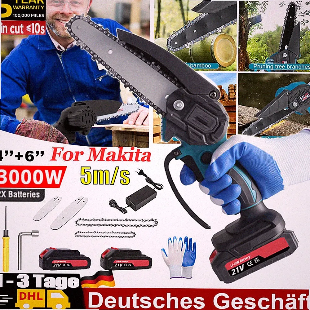 3000W Akku Kettensäge 4&6 Zoll Mini Elektro Kettensägen Handkettensäge Mit 2Akku