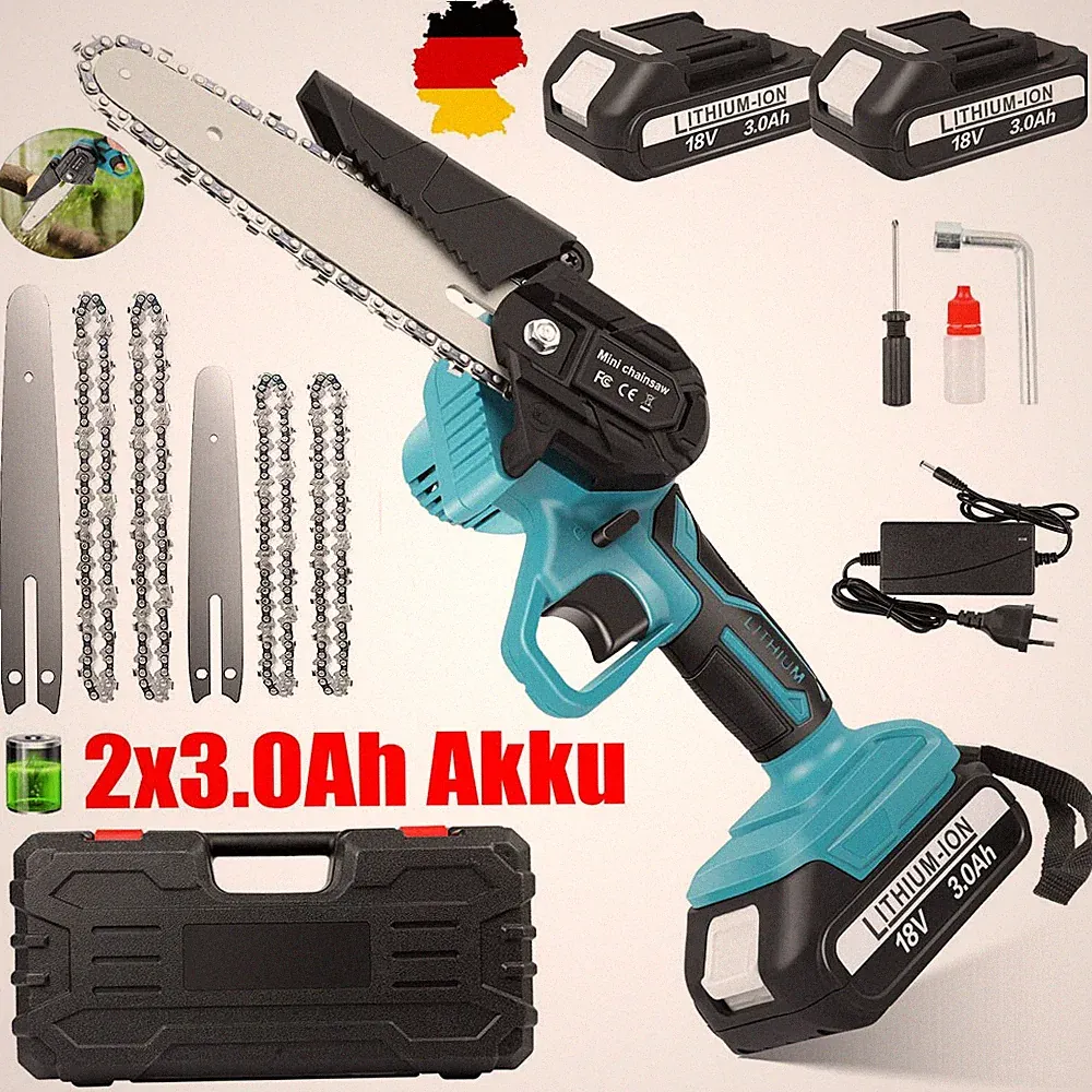 4+6 Zoll Elektro Mini Kettensäge Handkettensäge Mit 2x 3,0Ah Akku für Makita