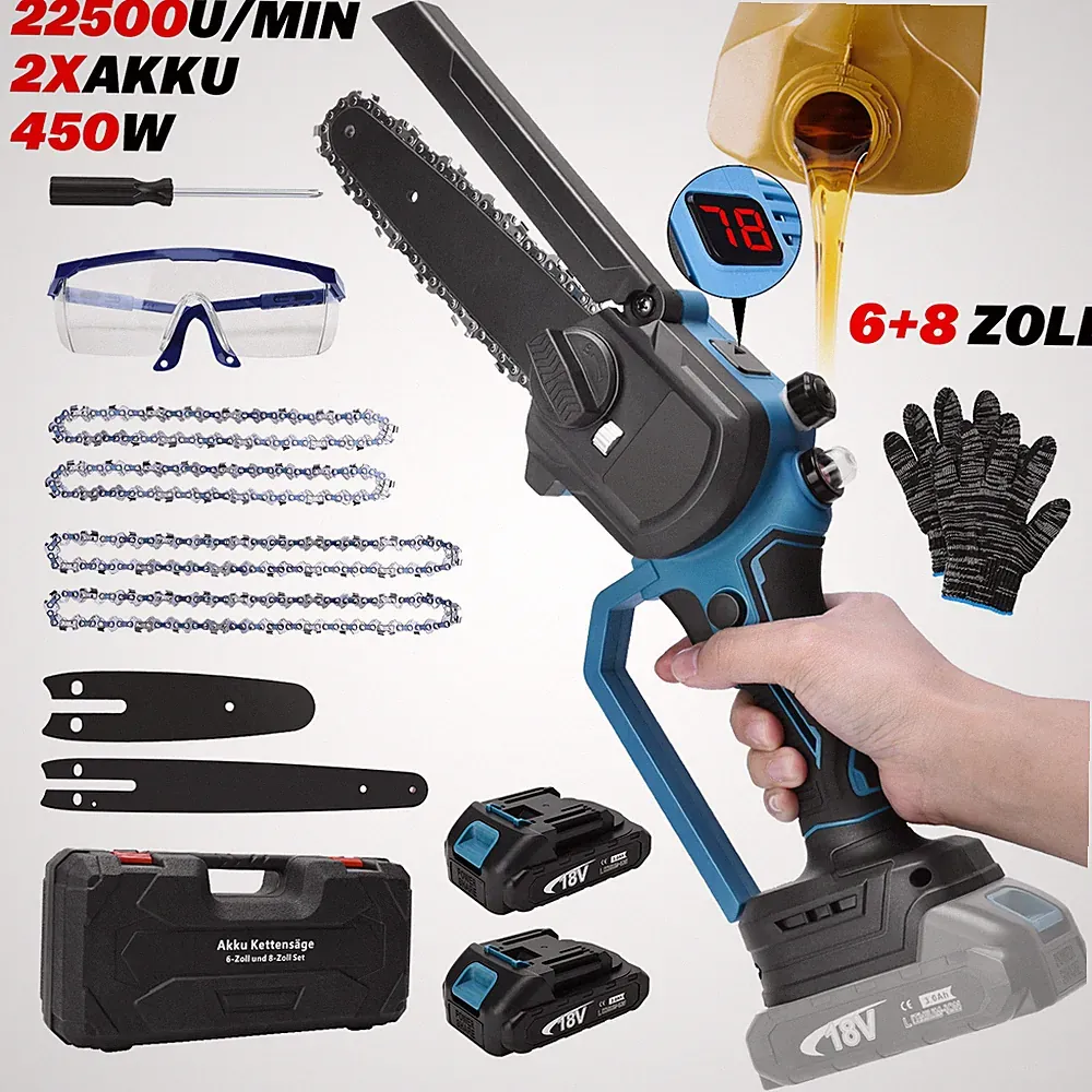 450W 12m/s Akku-Elektrokettensäge 6+8 Zoll Kleine Mini Einhandsäge Astsäge 2Akku