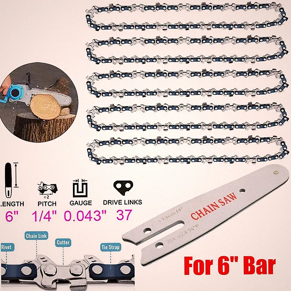 5x 6 Zoll Sägekette & 1x Schwert 1/4" 1,1mm 37TG Set für Mini Akku Kettensägen