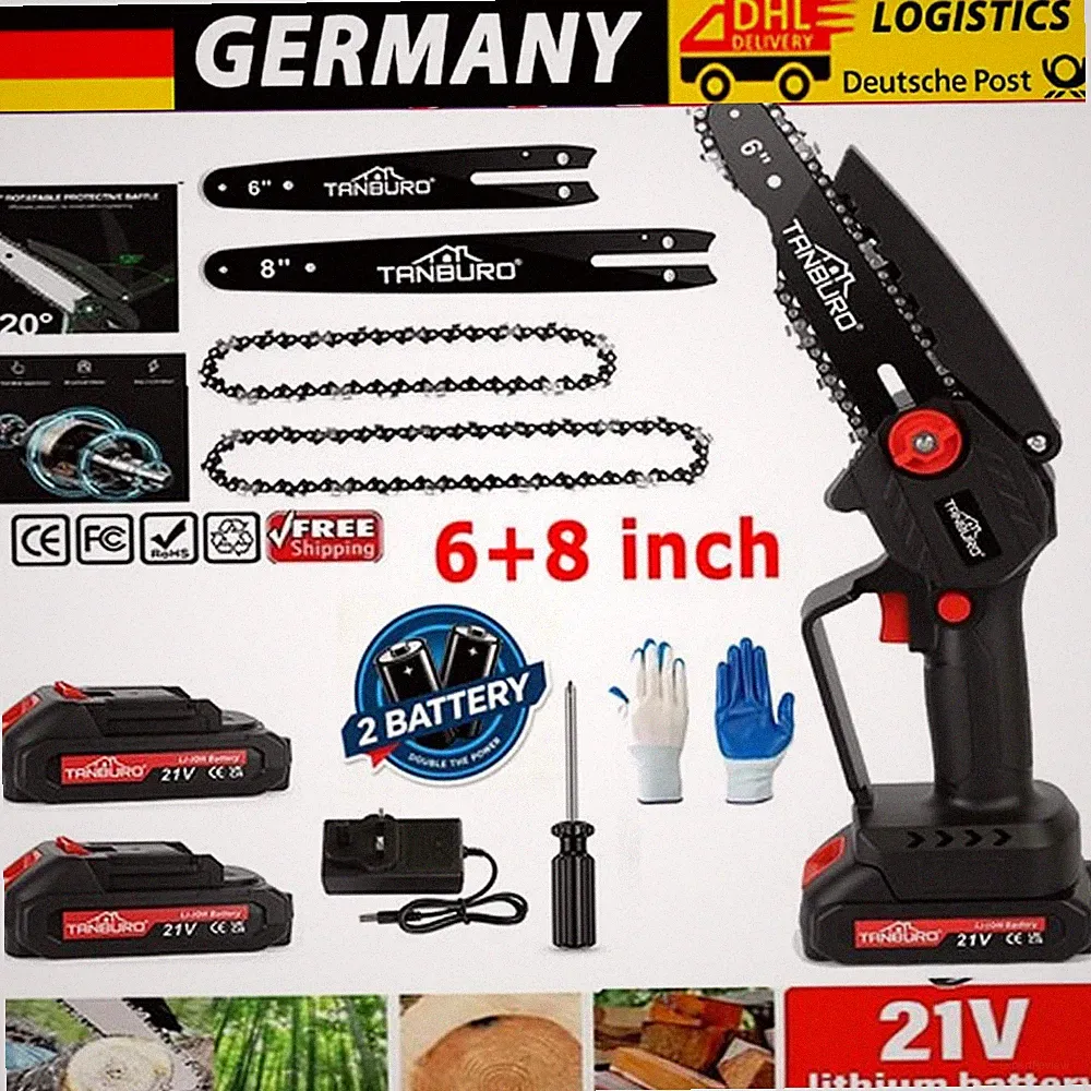 6+8" Mini Akku Kettensäge Elektro Kettensägen Handkettensäge mit 2x 5.5Ah Akku
