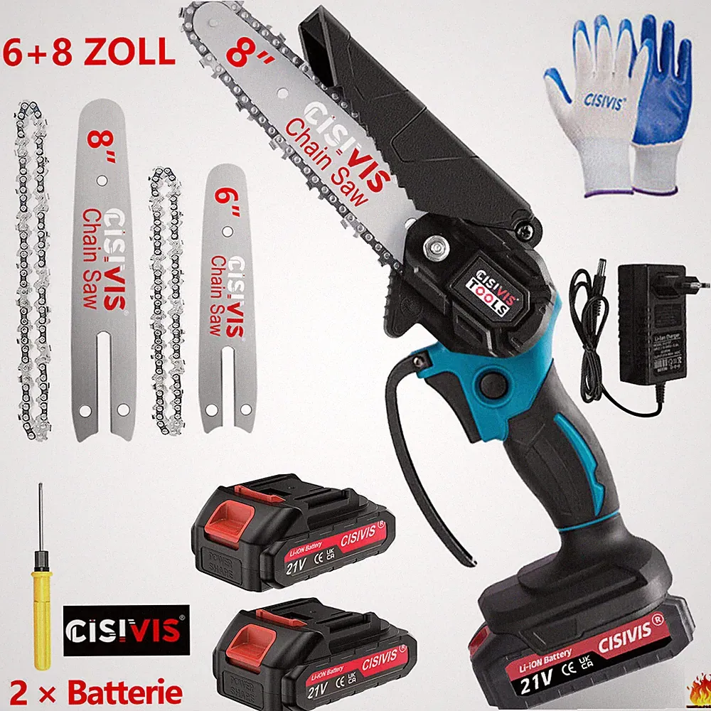 6+8 Zoll Akku Kettensäge Mini Elektro Kettensägen Handkettensäge Mit 2 Akku 21V
