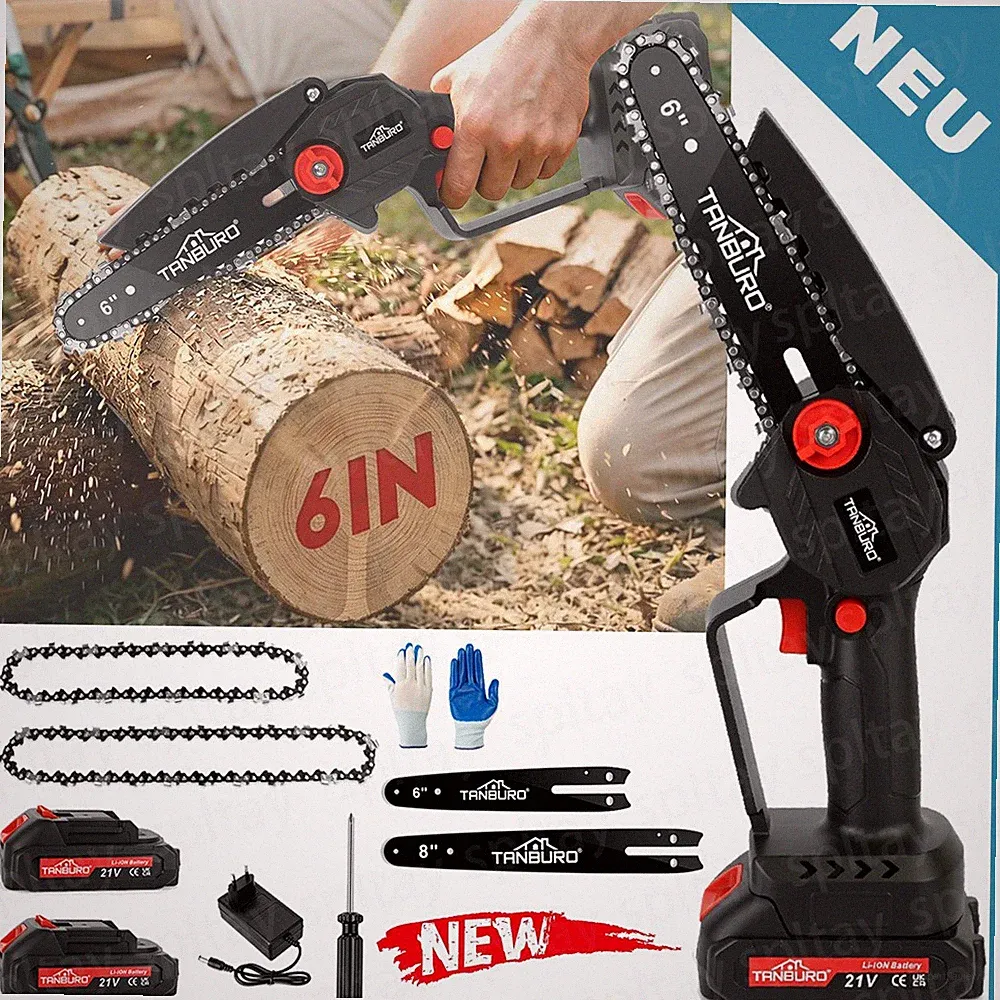 6+8 Zoll Akku Kettensäge Mini Elektro Kettensägen Handkettensäge Mit 2 Akku 21V