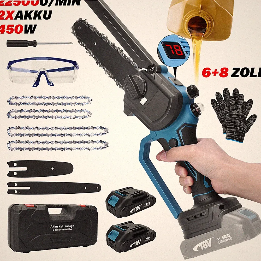 6+8 Zoll Kleine Akku-Elektrokettensäge Mini Einhandsäge Astsäge 21V Mit 2X Akku