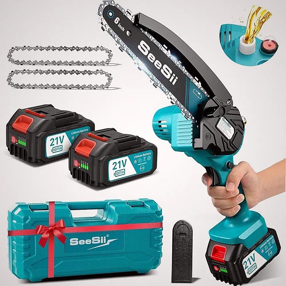6 Zoll Akku-Kettensäge, mit 2 Batterien, 2 Ketten, Ladegerät, für Gartenarbeit