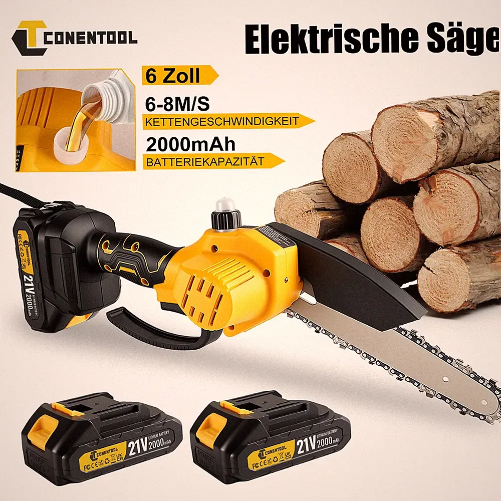 6 Zoll Kleine Akku-Elektrokettensäge Mini Einhandsäge Astsäge 21V Mit 2 Akkus DE