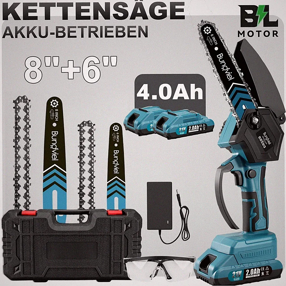 8+6 Zoll Akku Kettensäge 2IN1 Elektro Kettensägen Akku Motorsäge mit 2x 2000mAh