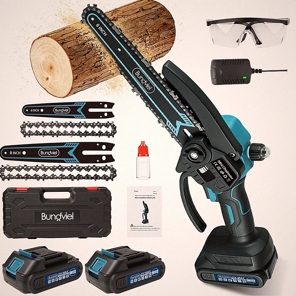 8+6 Zoll Mini Akku Kettensäge Bürstenloser Handkettensäge mit 2 Akkus+Ladegerät