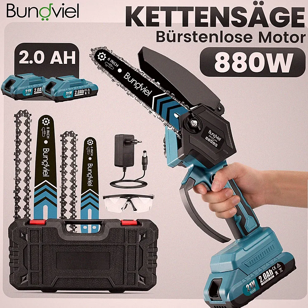 8+6 Zoll Mini Kettensäge Akku Kettensäge Handkettensäge mit 2x Akku 2000mAh