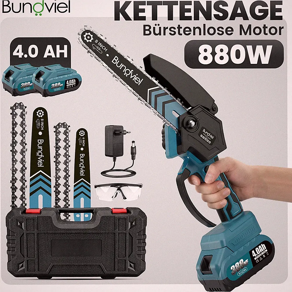 8+6 Zoll Mini Kettensäge Akku Kettensäge Handkettensäge mit 2x Akku 4000mAh