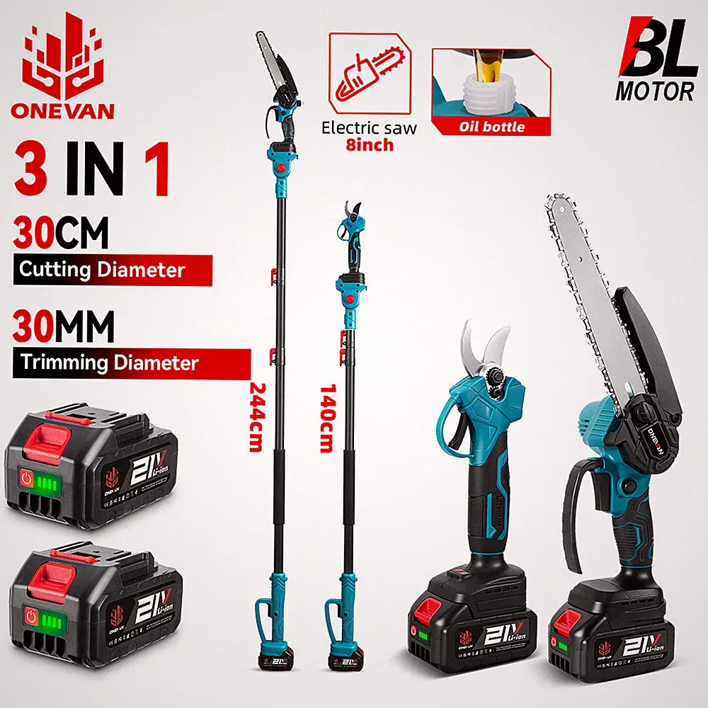 8'' Akku Kettensäge 3IN1 Teleskop Hochentaster Gartenschere Astschere Astsäge DE
