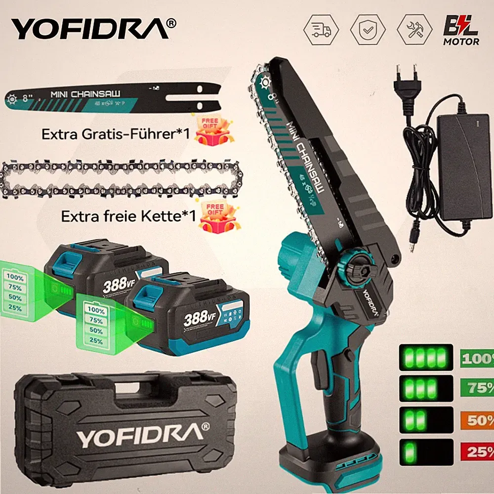 8Zoll Akku Kettensäge Bürstenloser Handkettensäge mit 2 Akkus+Ladegerät & Koffer