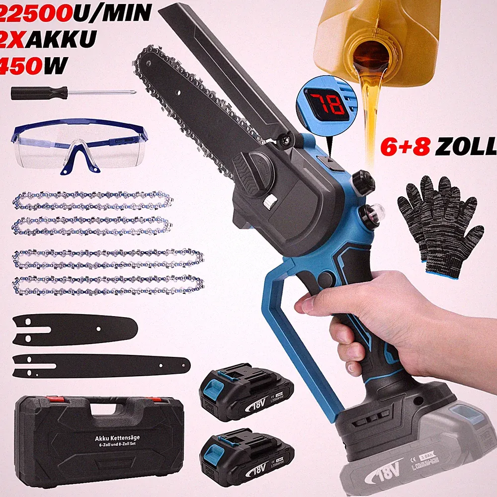 Akku-Elektrokettensäge 6+8 Zoll Kleine Mini Einhandsäge Astsäge 21V Mit 2X Akku