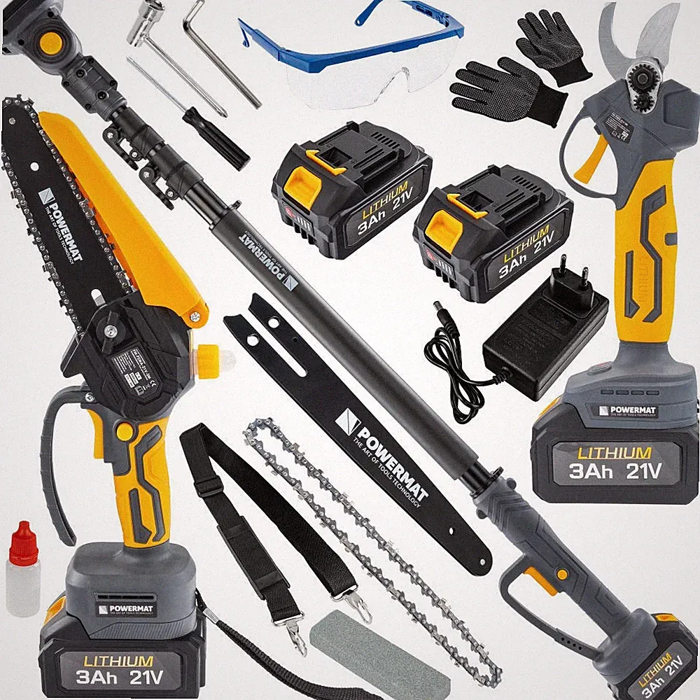 Akku Gartenset 3in1 Astschere Kettensäge Hochentaster 21V 2x3Ah 6 und 8 Zoll