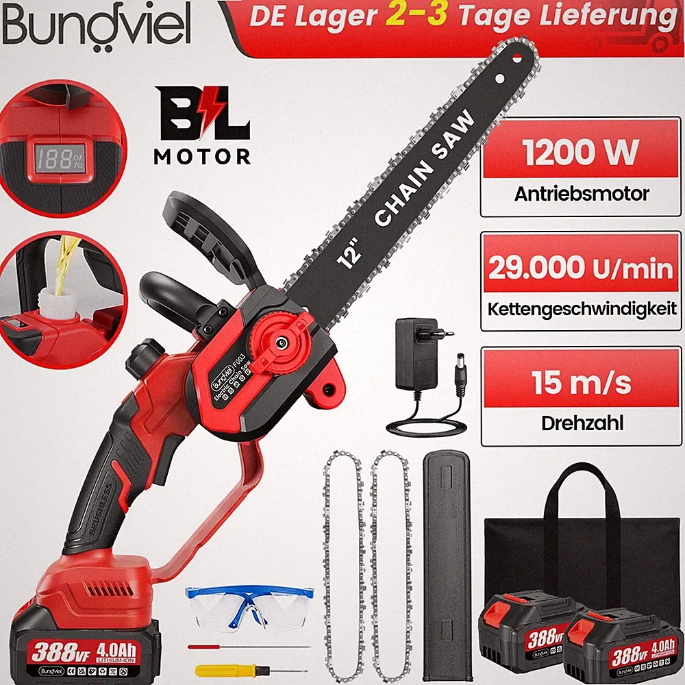 Akku Kettensäge 12 Zoll 21V 2x Akku Brushless Motorsäge Elektro Kettensäge 1200W