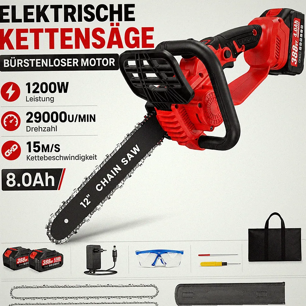 Akku Kettensäge 12 Zoll 21v 2xAkku Brushless Handkettensäge Chainsaw Kettensägen