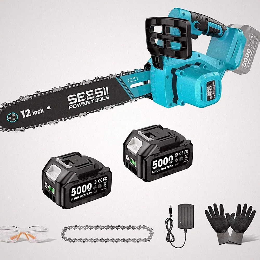 Akku Kettensäge, 12 Zoll, Brushless, 1200W, Akku, Ladegerät, Garten