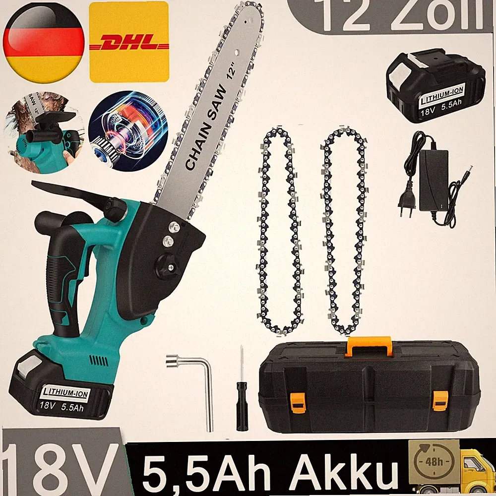 Akku kettensäge 12 zoll mit 5,5Ah Akku Für 18V Makita Elektro Handkettensäge DHL