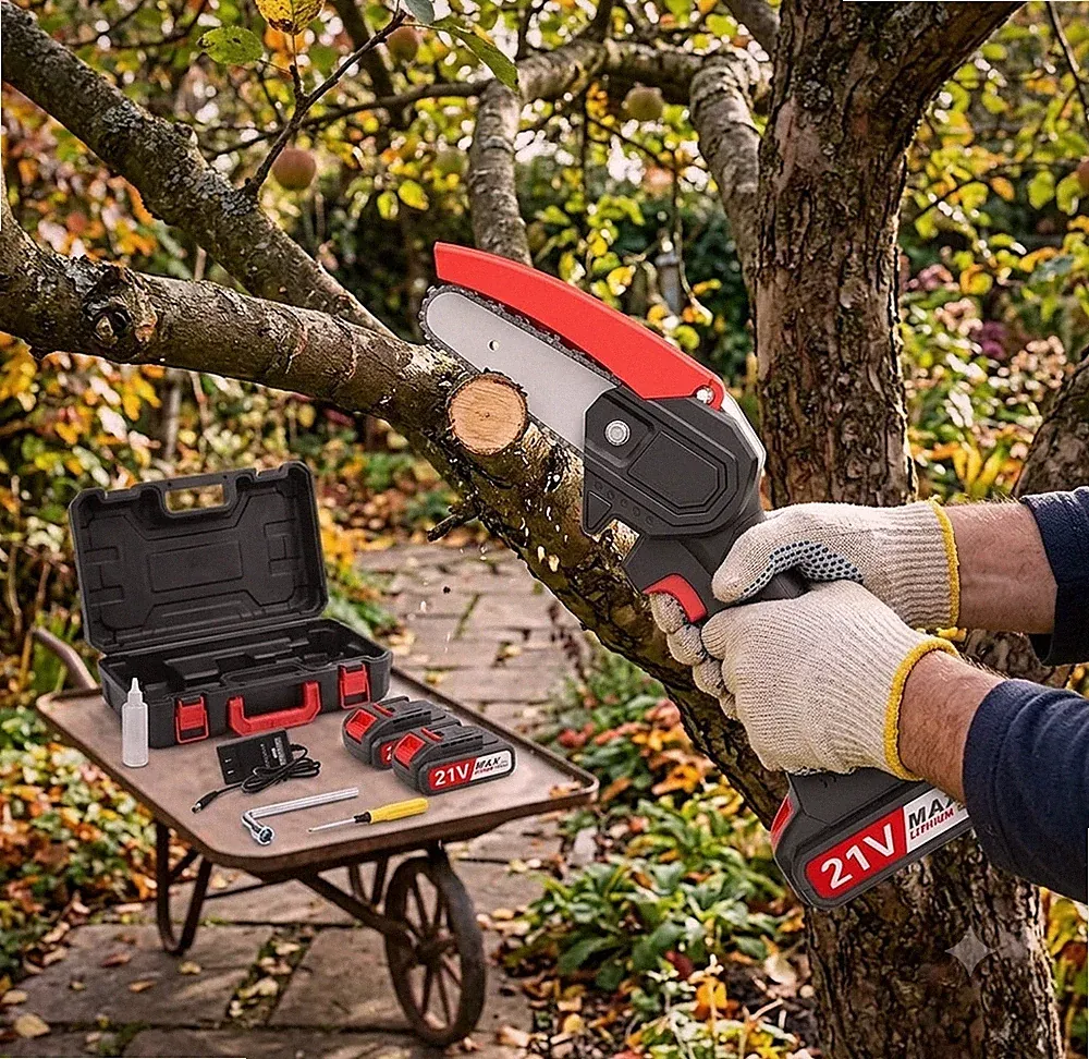Akku Kettensäge 21V Mini Motorsäge Einhand Astsäge Gartensäge mit 2x Akku Koffer