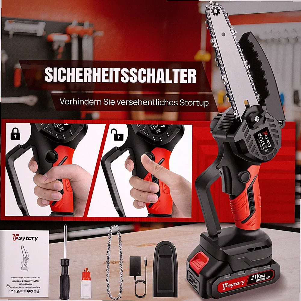 Akku-Kettensäge 3000W Schnittgeschwindigkeit, mit 2x Akku & Ladegerät & zubehör