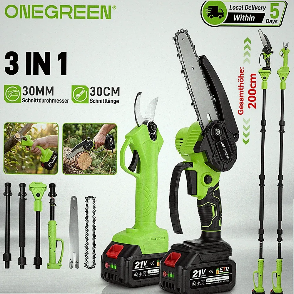 Akku Kettensäge 3IN1 21V Teleskop Astsäge Hochentaster Gartenschere Mit 2 Akkus