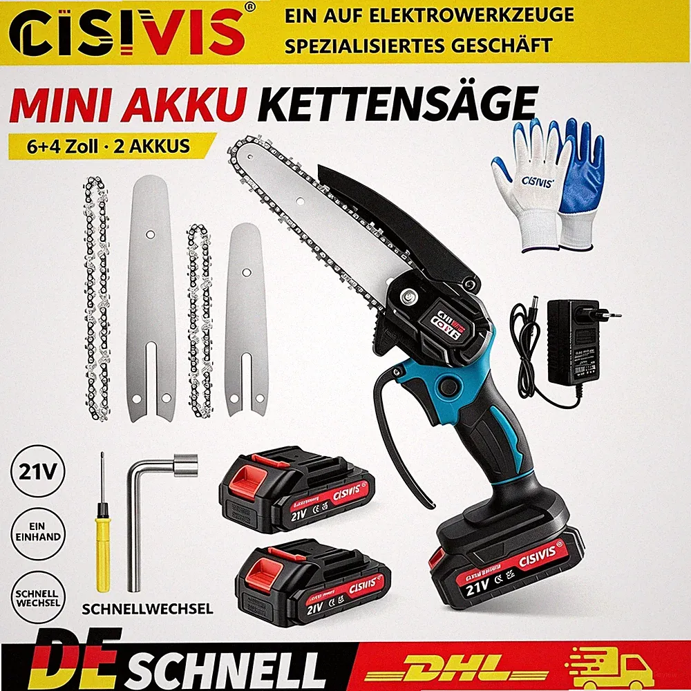 Akku Kettensäge 4 + 6 Zoll Mini Elektro Kettensäge mit 2 Akkus Handkettensäge