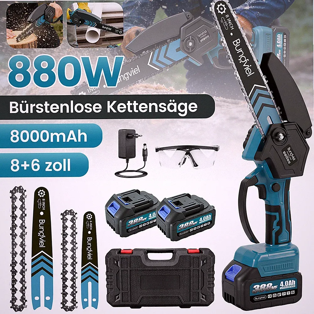 Akku Kettensäge 6+8 Zoll Mini Kettensägen Bürstenloser Handkettensäge Mit 2 Akku