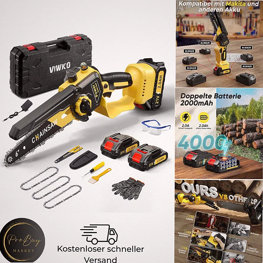 Akku Kettensäge 6 Zoll 1000W Brushless mit Auto-Öler