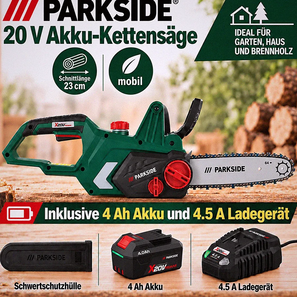 Akku-Kettensäge PARKSIDE 20 V PKSA 20-Li B2 inkl. 4 Ah Akku + 4,5 A Ladegerät