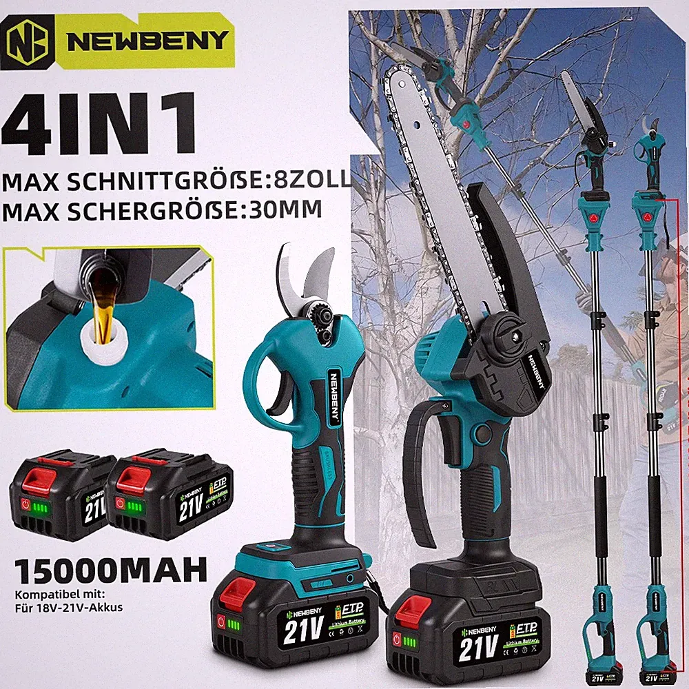 Akku Kettensäge Teleskop Astsäge Hochentaster Gartenschere 4IN1 mit 21V 2x Akkus