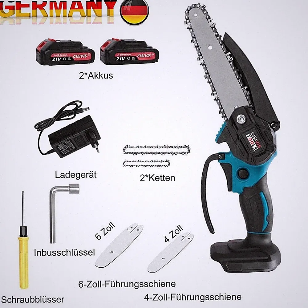 Akku Motorsäge Set 6+4 Zoll, 2 Akkus Inklusive, Leicht & Kompakt, Top