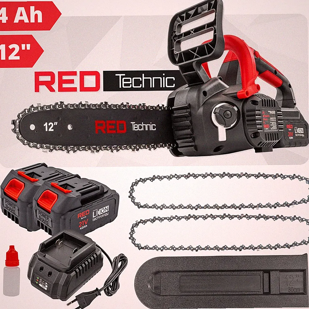 Akkukettensäge Rot 4 Ah Kettensäge 12" Kette 21 V Akku Sägeschiene mit Zubehör