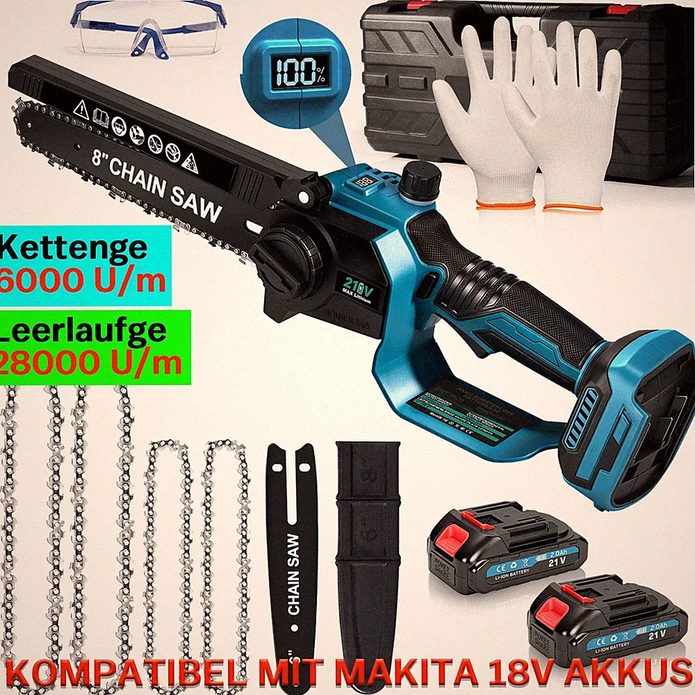 Bürstenloser 2X Akku Kettensäge 6+8 Zoll Mini Elektro Kettensägen Handkettensäge